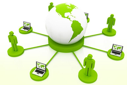 Illustration of people and laptops connected to a green globe, representing a business network